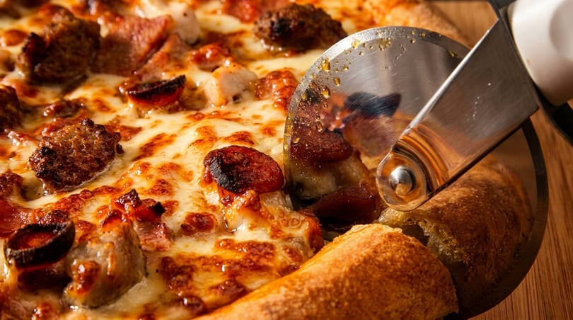 Pizza cutter slicing into a hot, cheesy pizza topped with various meats on a wooden surface.